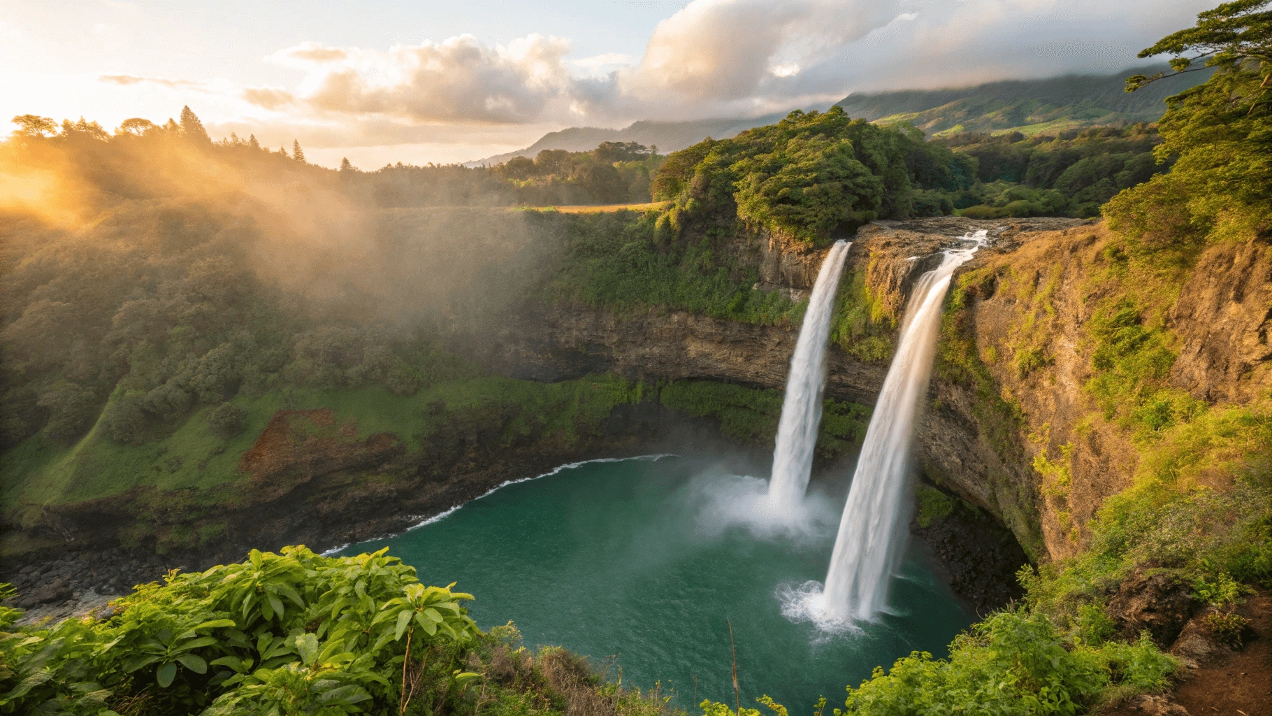 Twin cascades of Wailua Falls plunging down a lush cliff face in Kauai, Hawaii during golden morning light