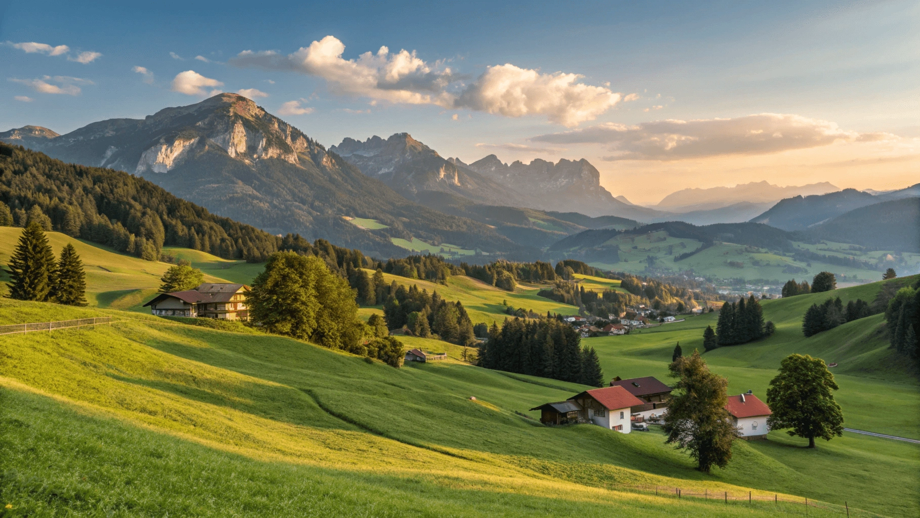 Panoramic view of UNESCO Biosphäre Entlebuch showing green moorlands, traditional Swiss chalets, and Alpine mountains during golden hour.