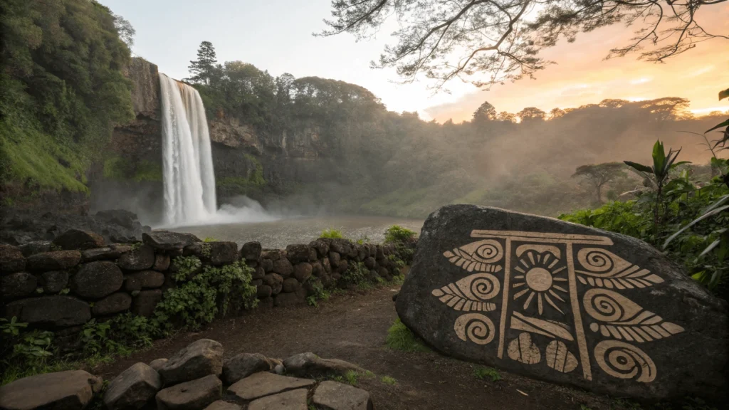 Dawn view of Wailua Falls with subtle Hawaiian cultural elements symbolizing its sacred significance