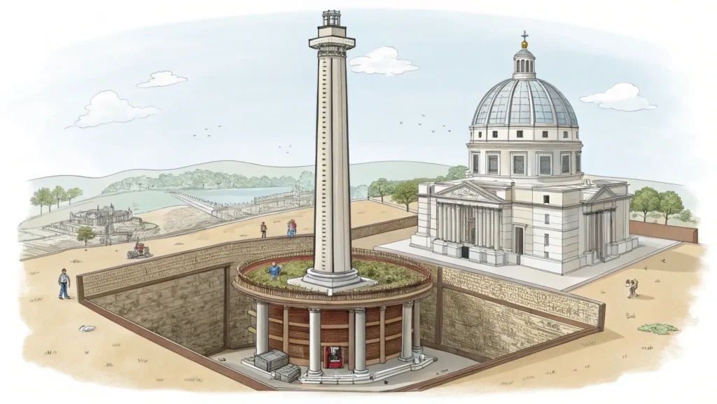 Technical cutaway illustration showing the Monument's internal structure with zenith telescope shaft and underground laboratory.