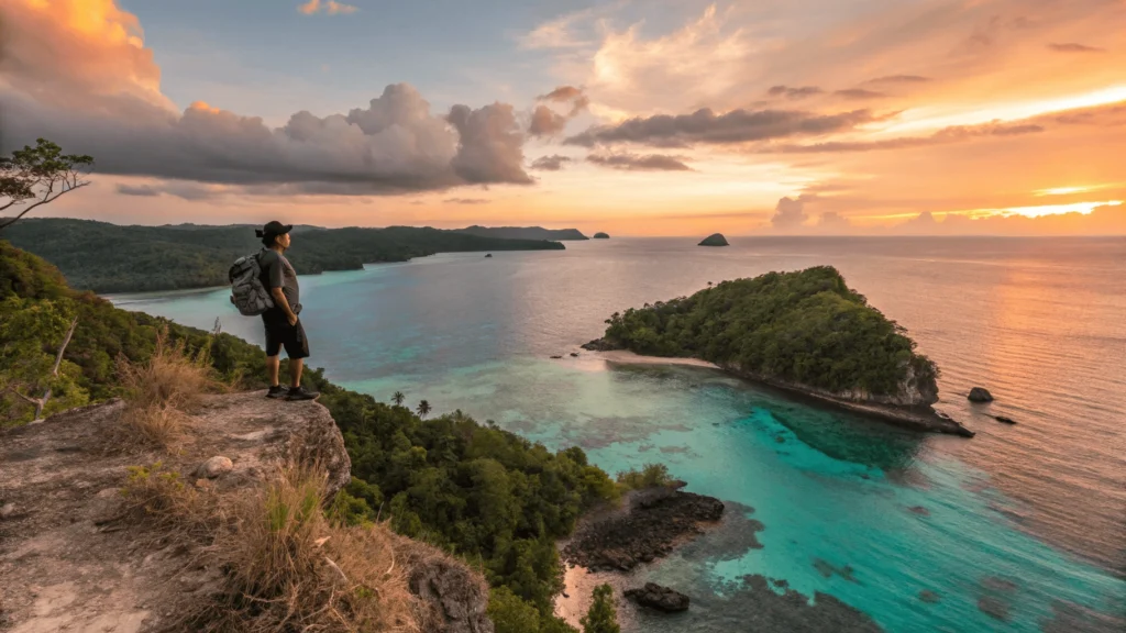 Traveler overlooking Tinuse Island’s waters at sunset.