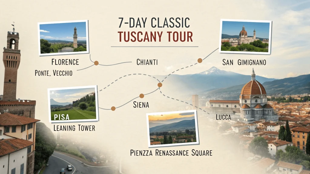 Visual journey map of Classic Tuscany Tour connecting images of Florence, Chianti, Siena, San Gimignano, Pisa, Lucca, and Pienza