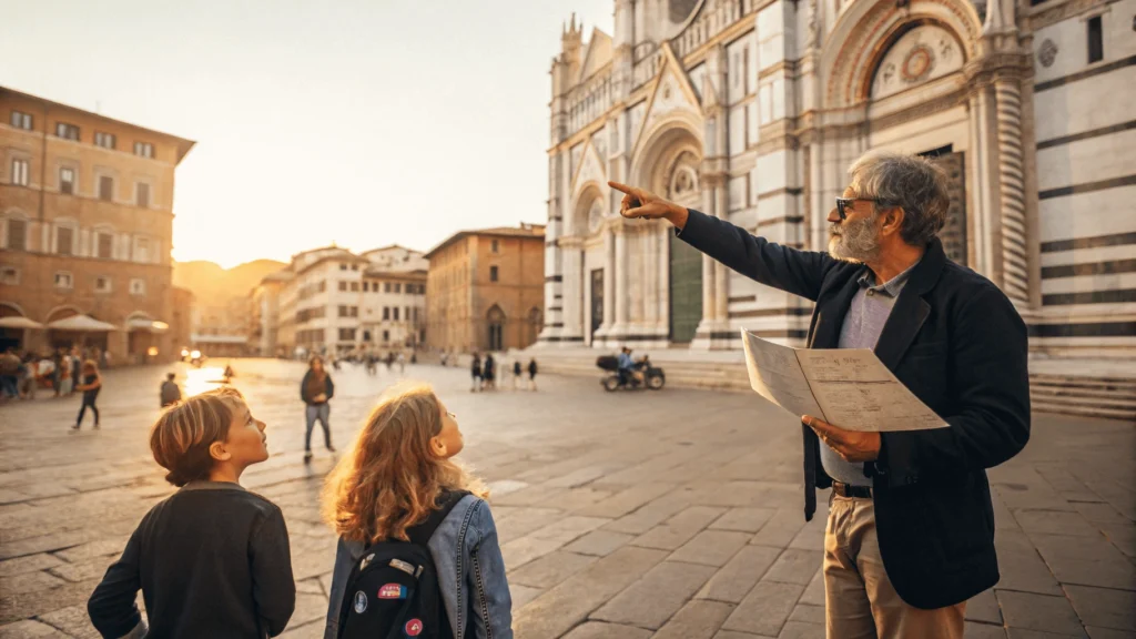 Local guide gesturing while speaking with tourists in a piazza as Italian daily life continues in the background