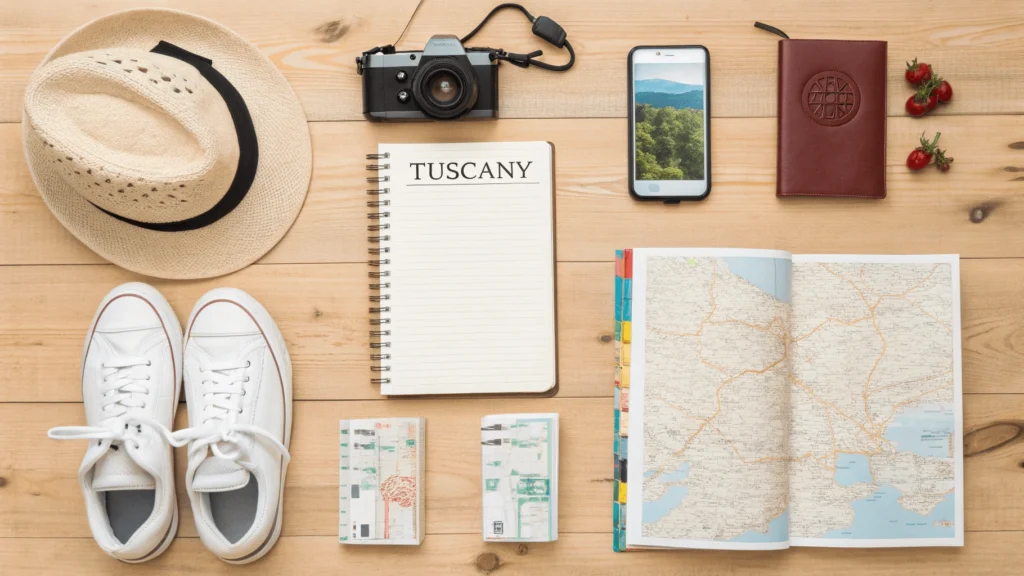 Travel preparation flatlay with notebook, translation app, phrasebook, euros, camera, walking shoes, sun hat, adapter, tickets, and map
