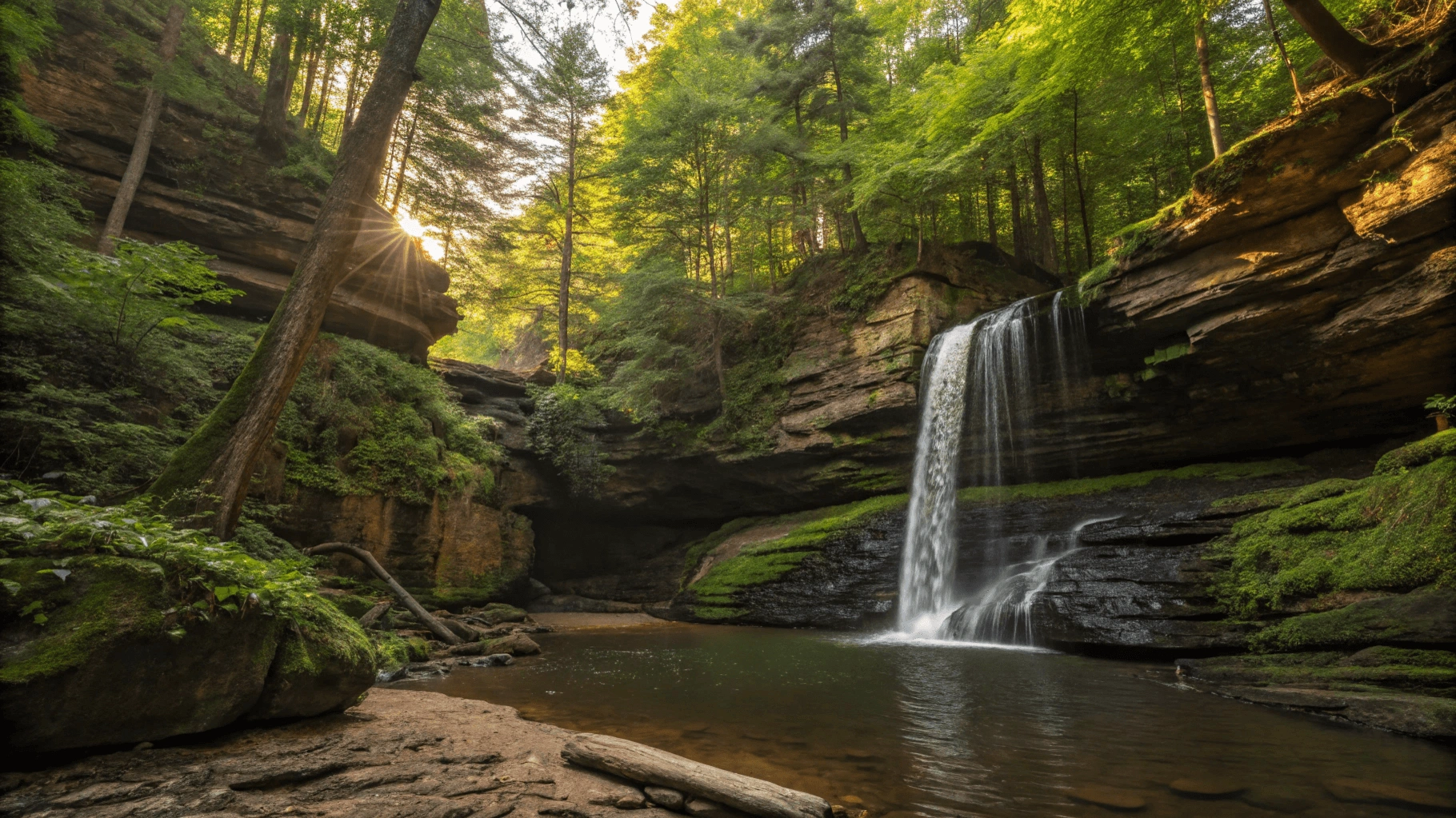 Honey Run Waterfall in Knox County, Ohio, a 25-foot waterfall cascading over moss-covered sandstone with sunlight filtering through hemlock trees.