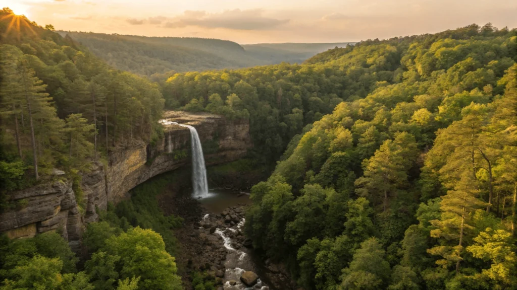 Wide establishing shot of entire Honey Run Waterfall area from elevated vantage point, showing waterfall, hemlock forest, loop trail, and creek-carved gorge in golden hour light.