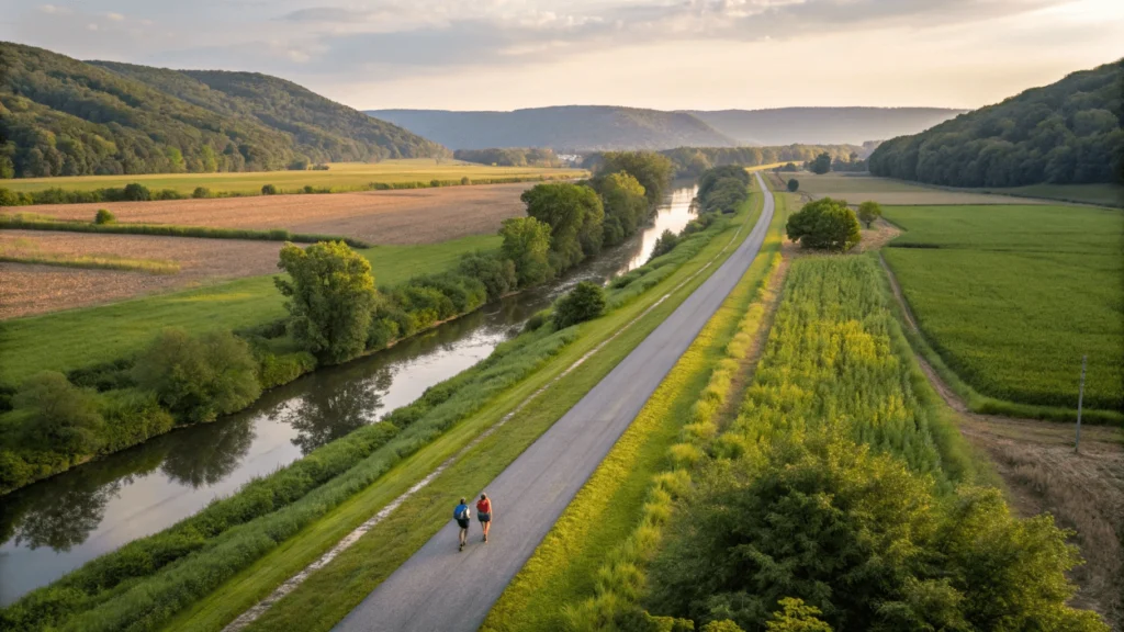 Wide landscape view of the Kokosing Gap Trail with paved path running alongside the Kokosing River, cyclists and walkers visible, rolling hills of Knox County in background.