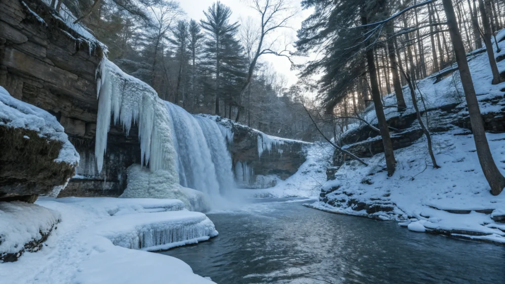Honey Run Waterfall partially frozen in winter with dramatic icicles hanging from rocks, snow-dusted hemlock trees, and blue water flowing between ice formations.