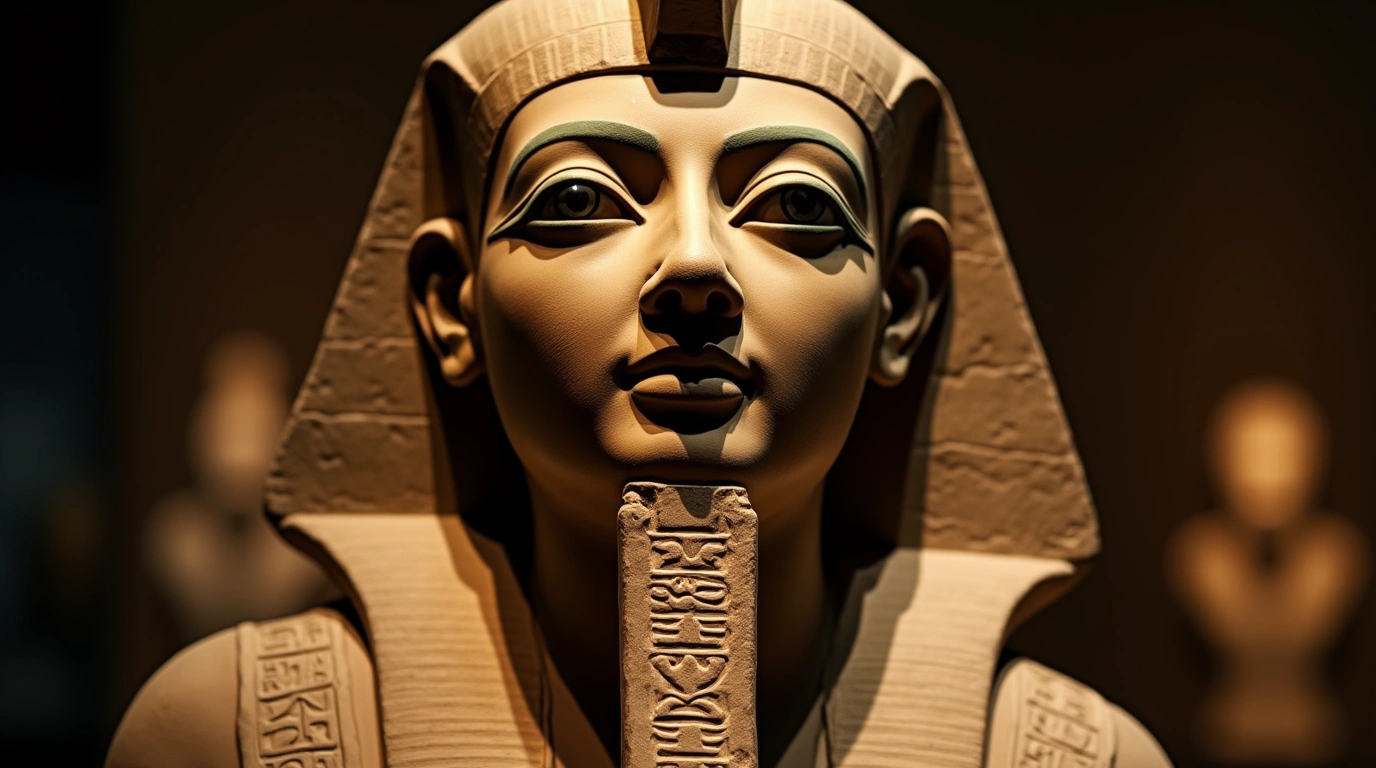 Ancient statues from egyptwith nemes headdress showing traditional frontalism and detailed hieroglyphic carvings, illuminated in museum lighting