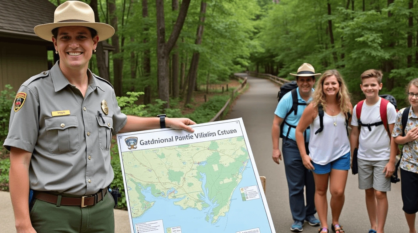 A smiling park ranger in uniform stands next to an informational sign with a map, while a group of hikers approaches on a forested trail.