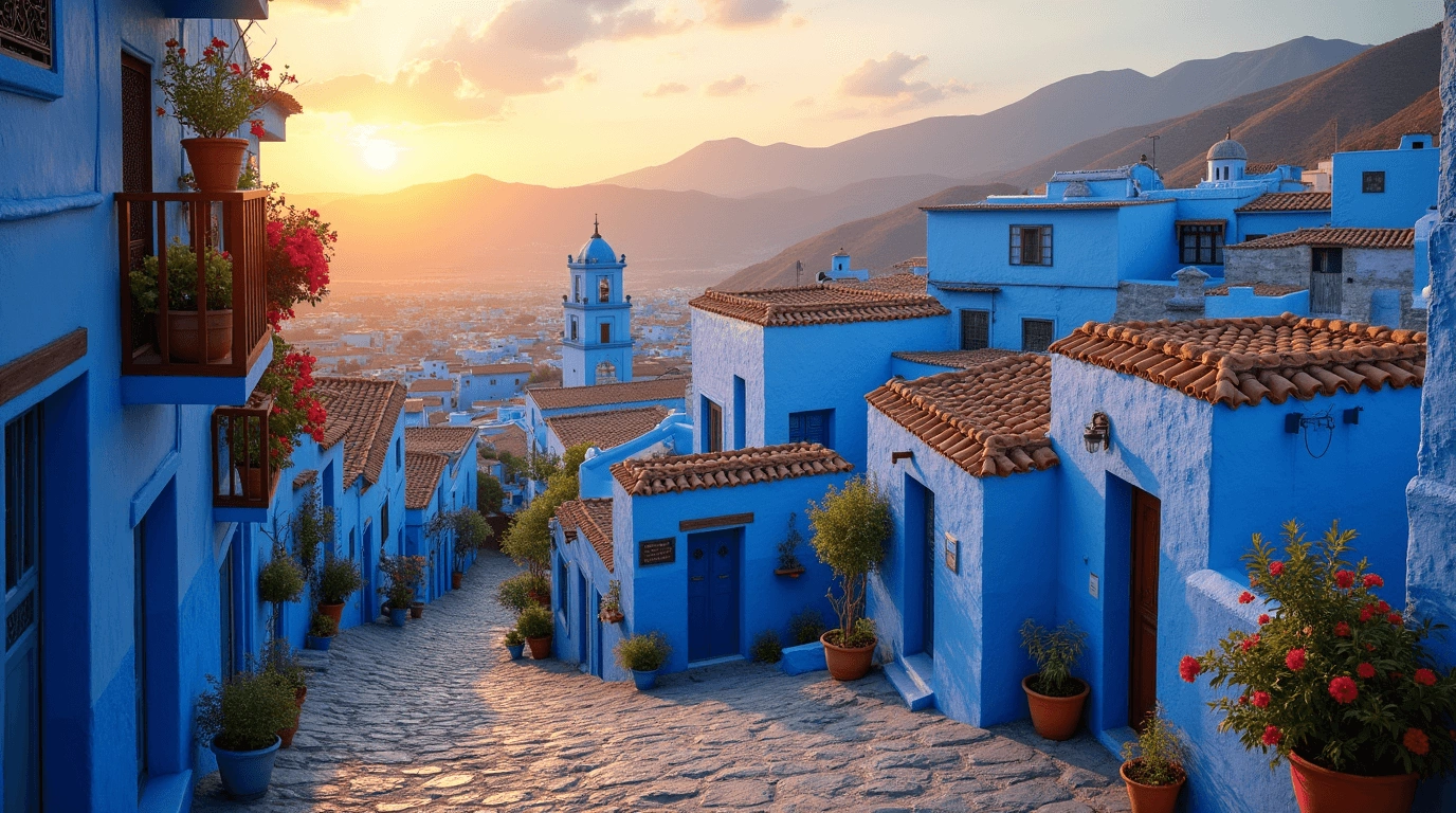 Chefchaouen's iconic blue streets nestled in Morocco's Rif Mountains at sunset, showcasing traditional architecture and local daily life.morocco travel destinations