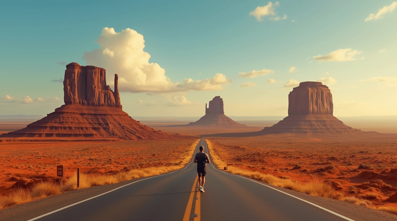 A lone runner on the open road in Monument Valley at sunset, with iconic sandstone buttes in the background.