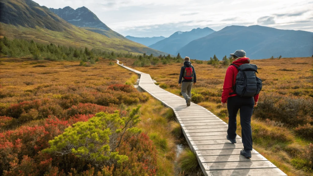 Hikers walking on elevated wooden boardwalk through colorful moorland vegetation with mountains visible in the background.