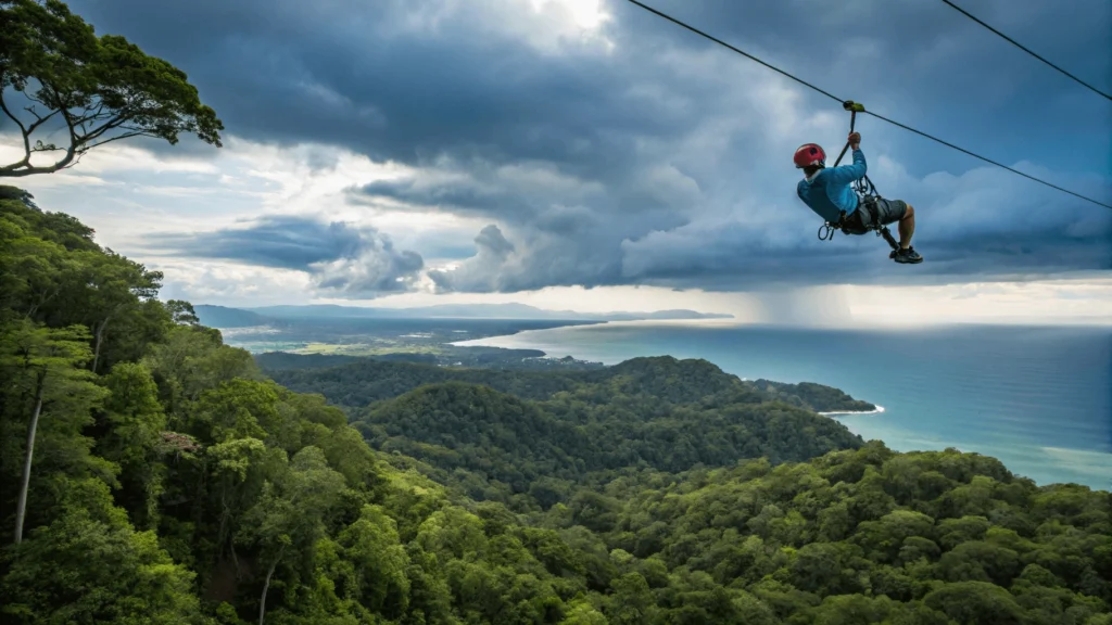 Action shot of person ziplining above rainforest canopy with Pacific Ocean visible in distance under dramatic cloudy sky