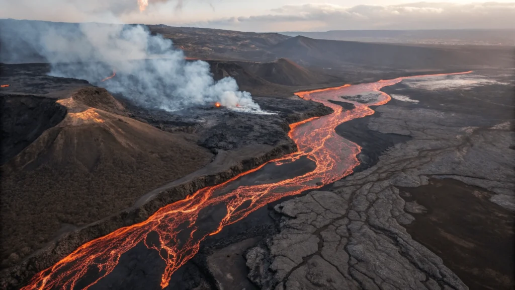 Aerial view of active lava flow transitioning from molten red-orange to solid black volcanic rock with visible steam.