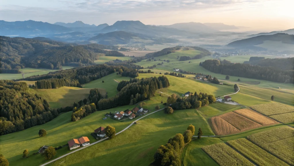 Aerial view of UNESCO Biosphäre Entlebuch showing the distinct core, buffer, and transition zones of the biosphere reserve.