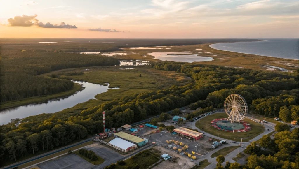 Aerial view showing Bay Beach Wildlife Sanctuary's natural landscapes adjacent to Bay Beach Amusement Park