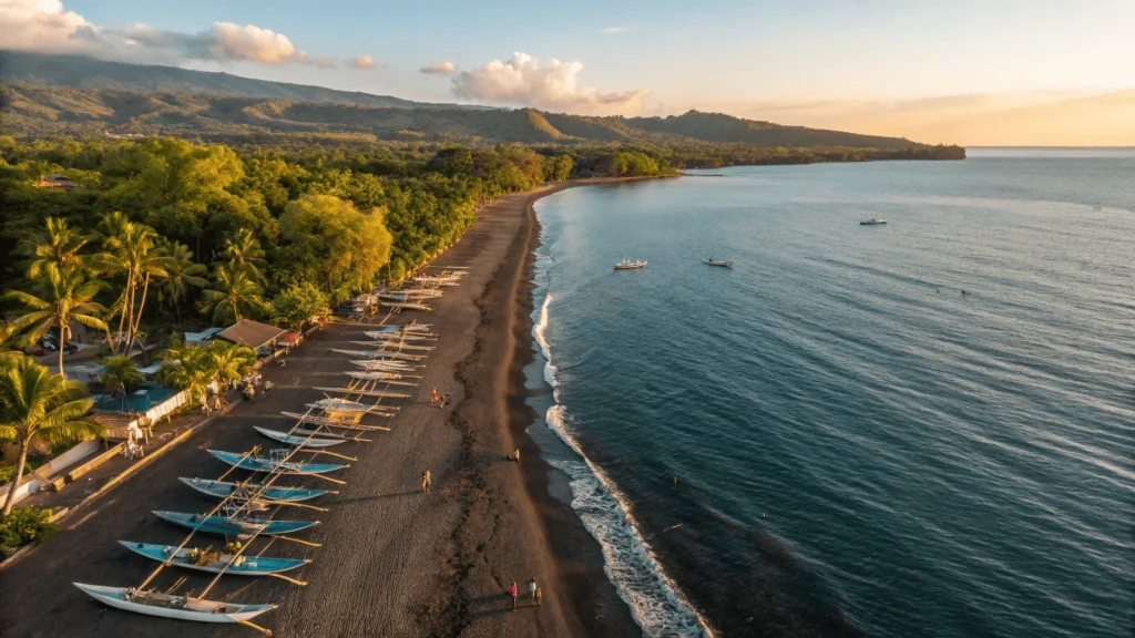 Aerial view of lovina beach bali indonesia at golden hour showing black volcanic sand coastline, traditional fishing boats, calm waters with dolphins, and lush green hills in North Bali, Indonesia.