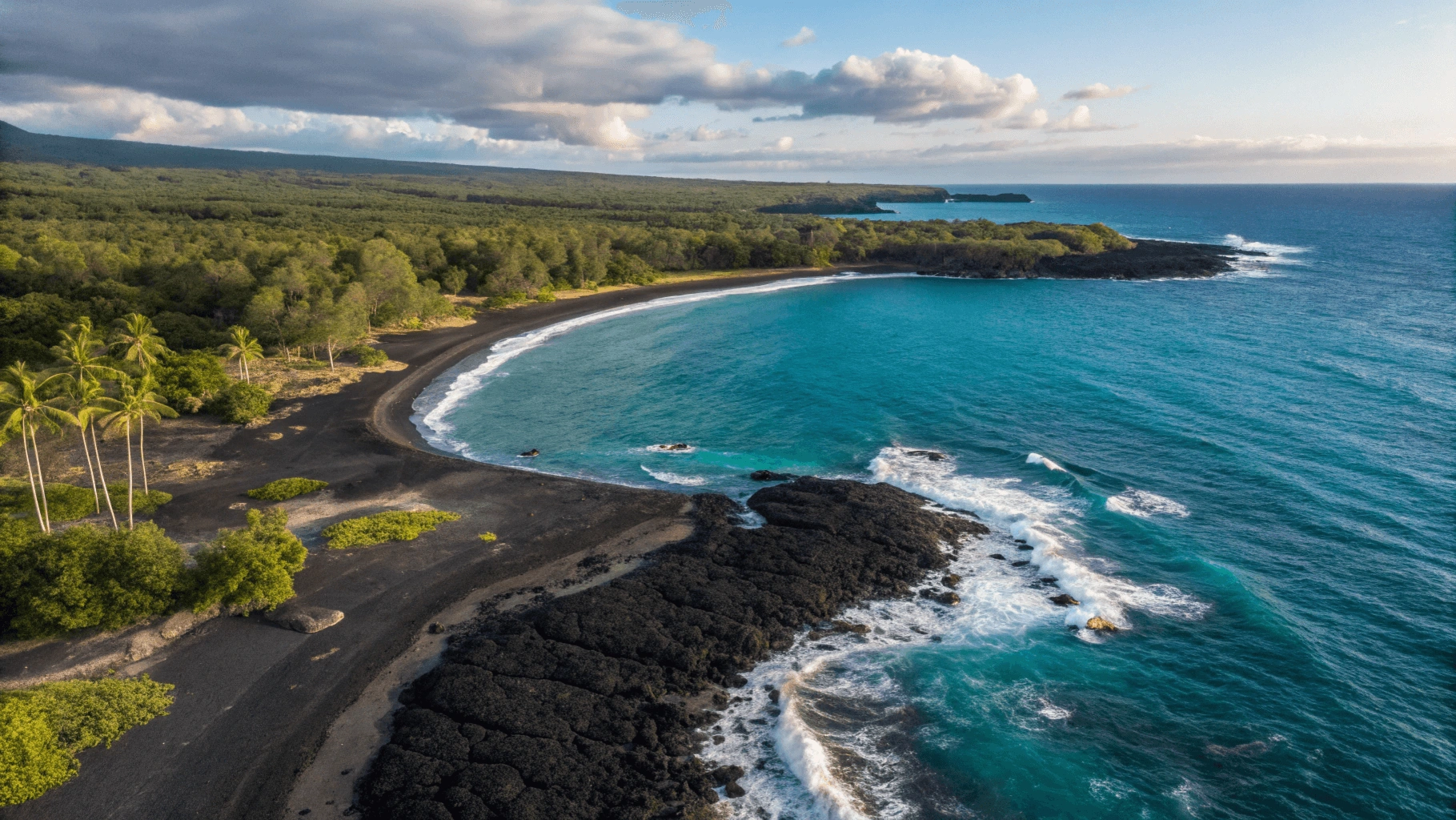 Aerial view of 49 Black Sand Beach (Honoka'ope) on Hawaii's Big Island showing dark volcanic sand meeting turquoise waters, with lava rock formations and palm trees framing the curved shoreline