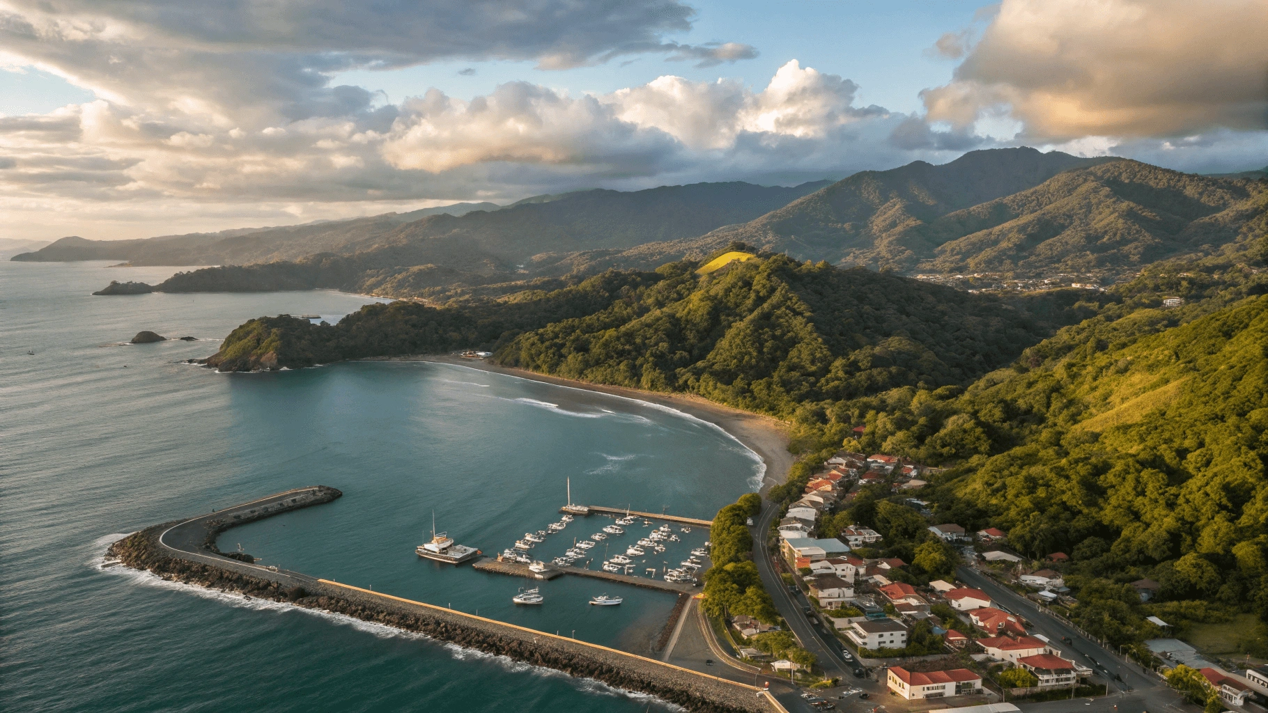 Aerial view of Quepos coastal town with Marina Pez Vela in foreground and forested mountains in background under golden afternoon light