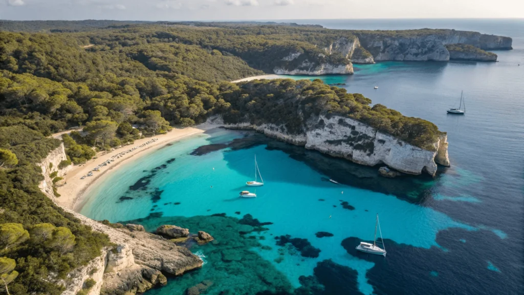 Aerial drone view of Menorca's Cala Macarella showing turquoise waters, white sand beach, surrounding limestone cliffs, and anchored yachts