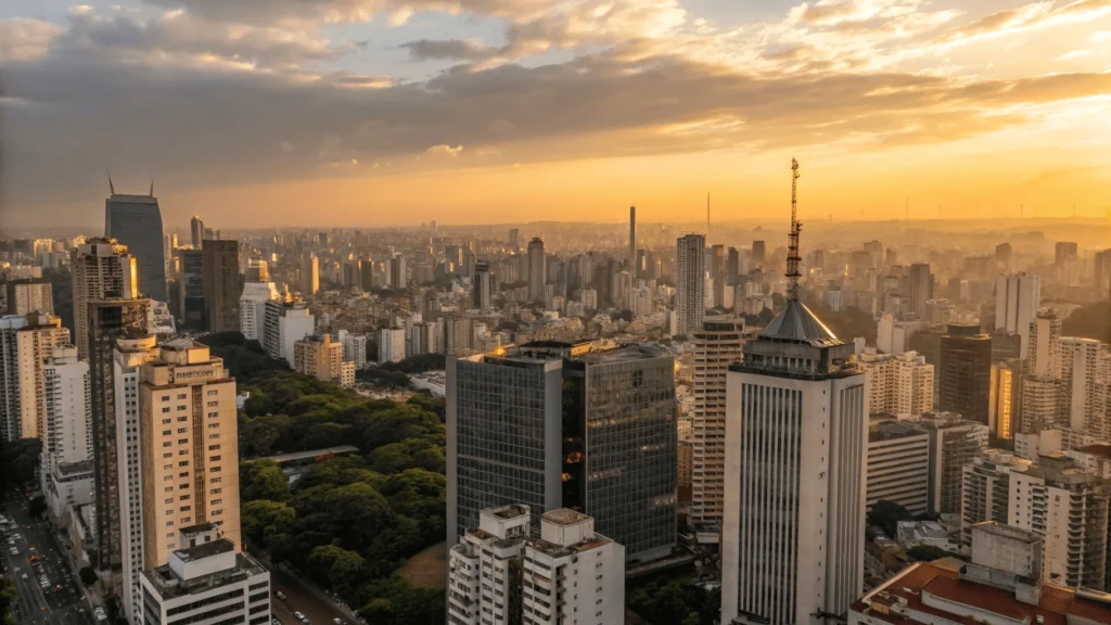 Aerial view of São Paulo's vast cityscape at sunset, showing Avenida Paulista's modern skyline, historic Centro, and sprawling residential neighborhoods.