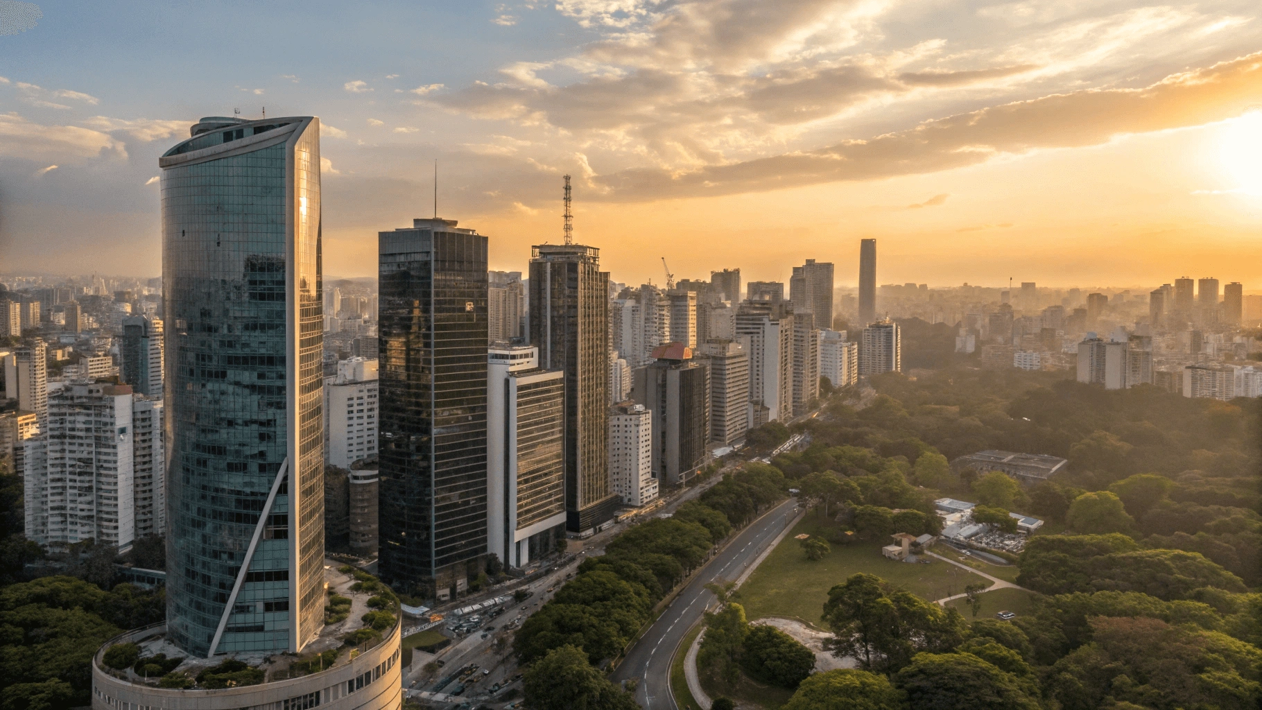 Aerial panoramic view of São Paulo, Brazil at golden hour showing Avenida Paulista's modern skyscrapers, the distinctive S-curved Copan building, and the vast urban landscape stretching to the horizon bathed in warm sunset light.