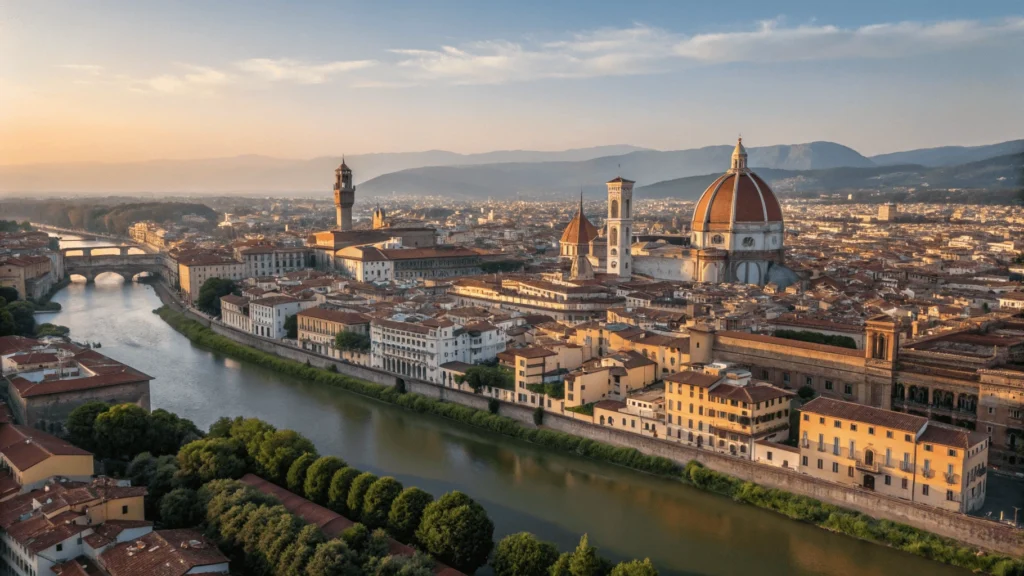 Aerial view of Florence transitioning to vignettes of Siena, San Gimignano, and Chianti countryside