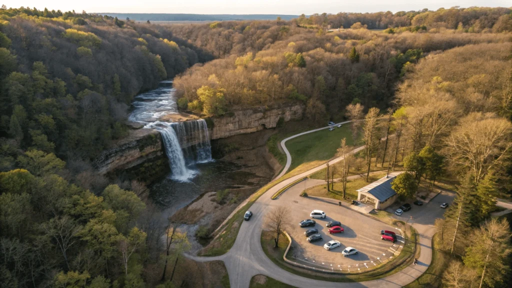 Aerial view of Honey Run Waterfall park showing the parking area, trailhead, and forest paths leading to the waterfall.