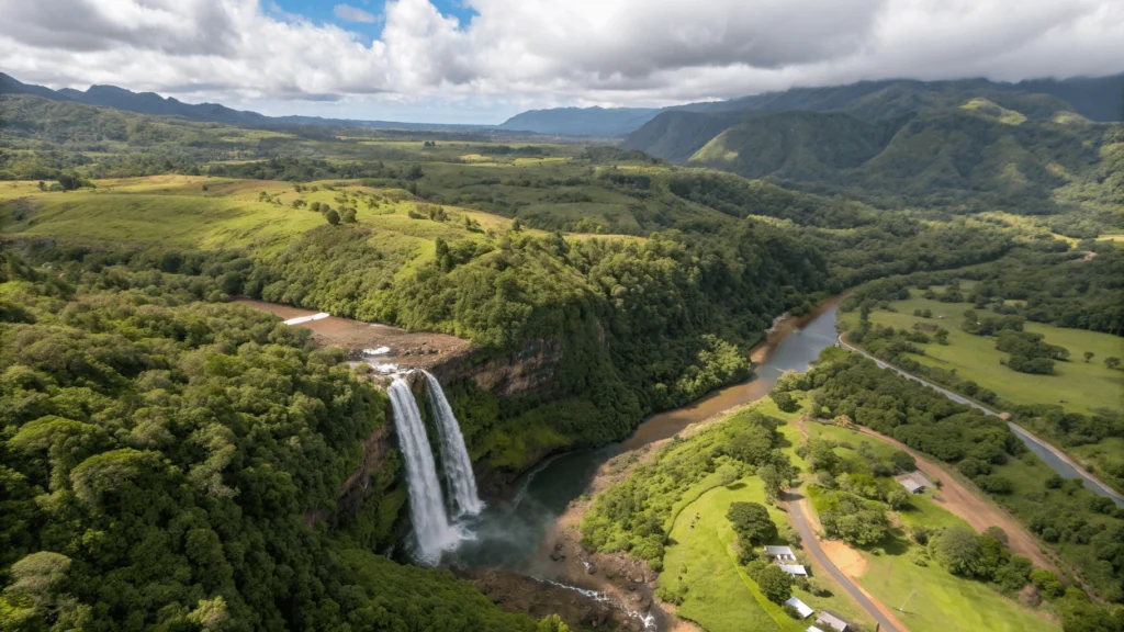 Aerial view of Wailua River State Park showing Wailua Falls and nearby attractions including Opaeka'a Falls and cultural sites