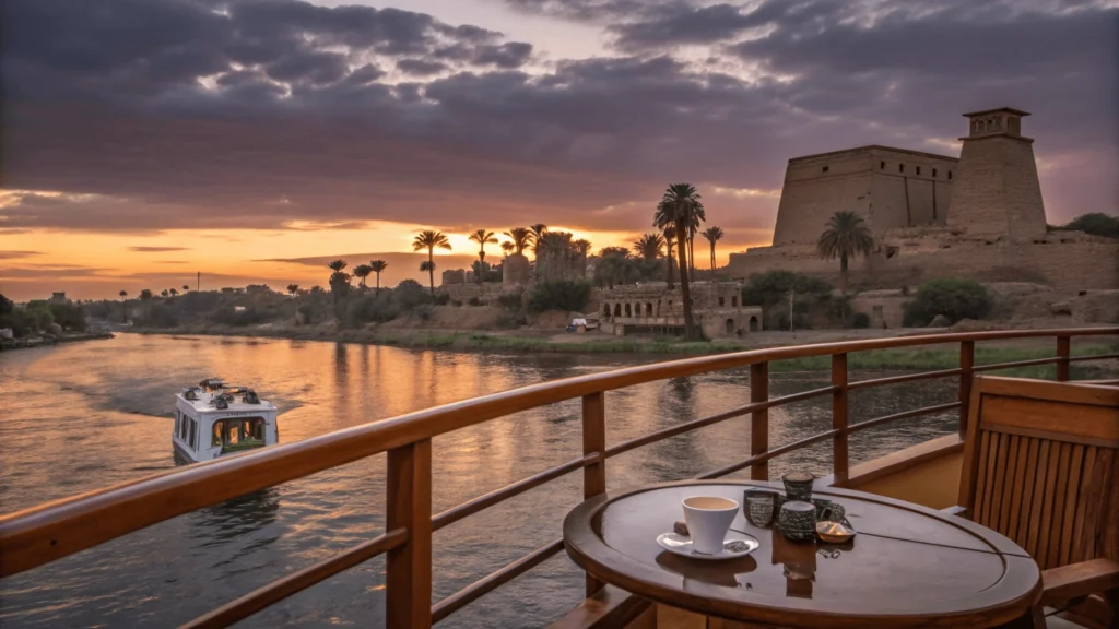 Sunset view from a Nile cruise ship showing ancient temples silhouetted on one bank and palm trees with villages on the opposite shore, with tea cup and camera in foreground.