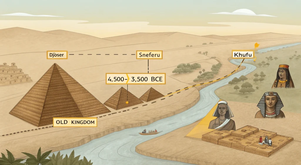Timeline illustration showing Egyptian pyramid construction periods with images of different pyramid styles and pharaoh portraits