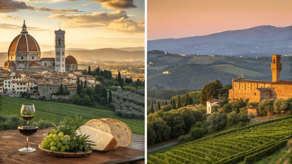 Four-panel image showing Florence's Duomo, Tuscan cuisine, San Gimignano's towers, and vineyard landscapes