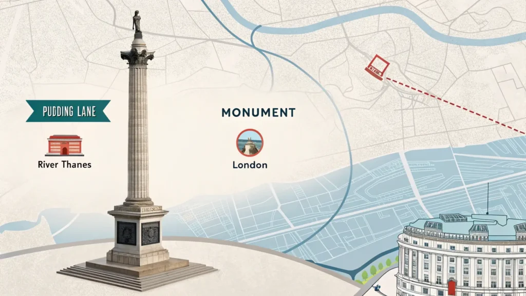 Infographic showing key facts about the Monument to the Great Fire of London with monument illustration and London map.