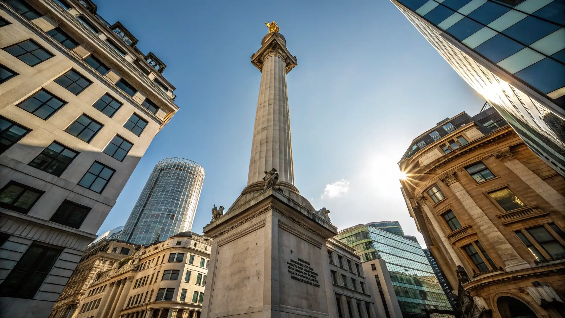 The Monument to the Great Fire of London, a tall Doric column with golden urn at the top, standing against blue sky with modern London buildings visible in background.