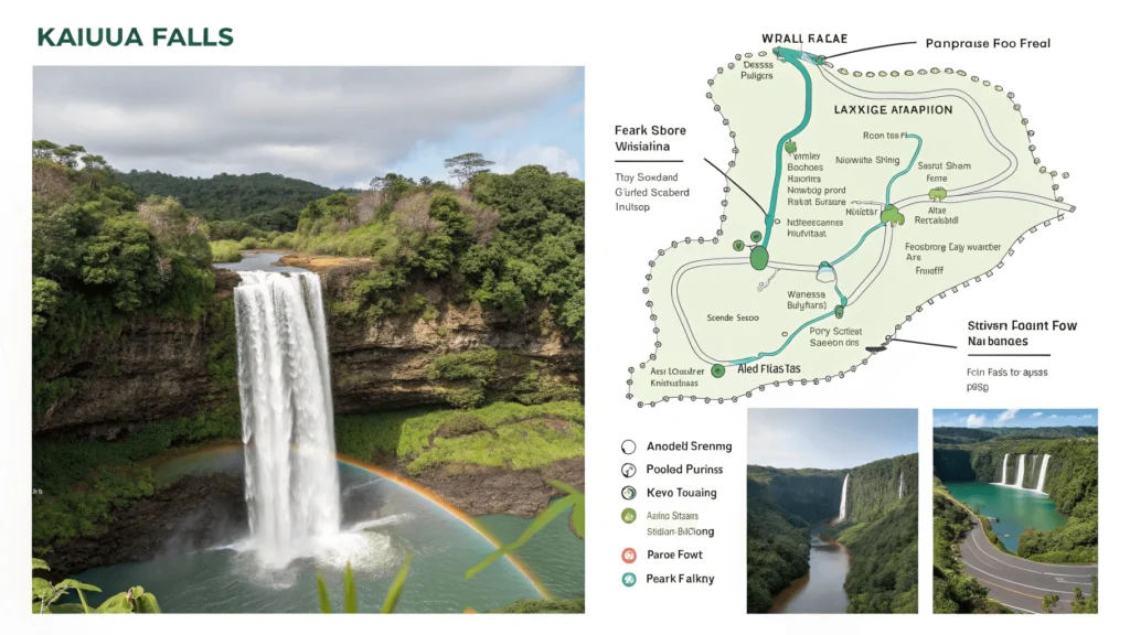 Informational layout showing Wailua Falls location map and key visitor details
