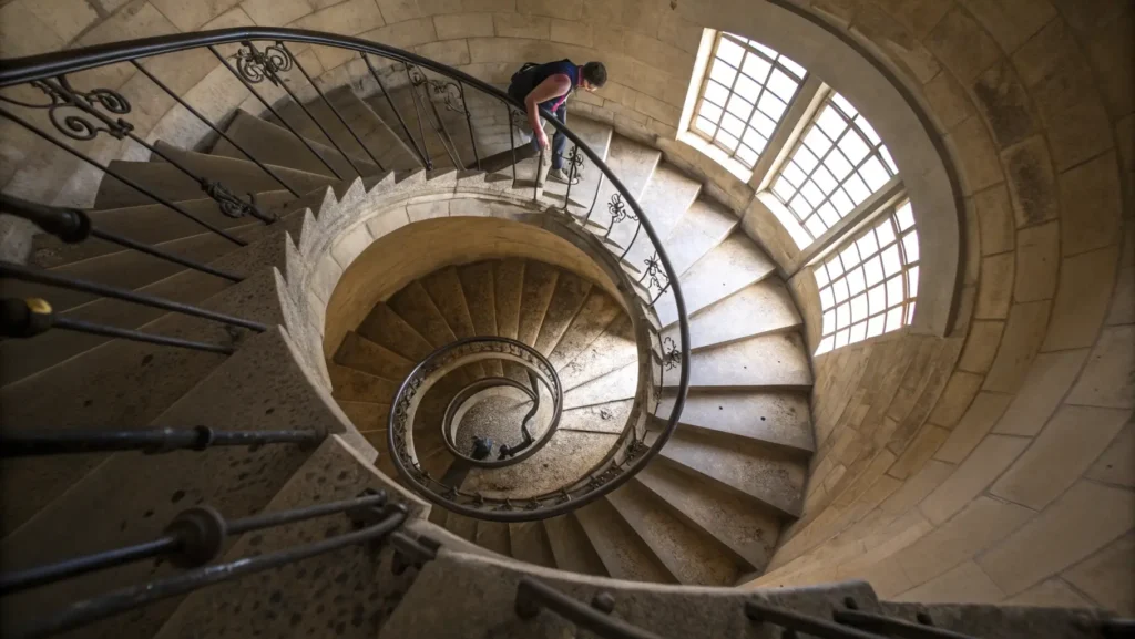 Interior spiral staircase of the Monument with natural light streaming through a small window, illuminating stone steps winding upward with central handrail."