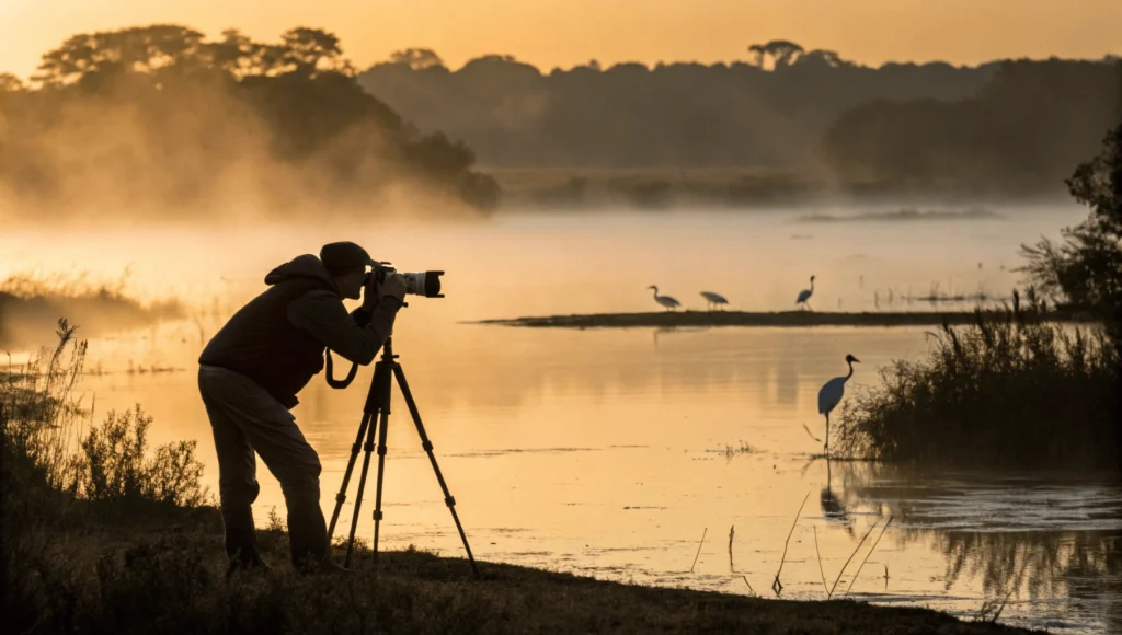 Wildlife photographer with camera and tripod photographing birds at misty lagoon during sunrise