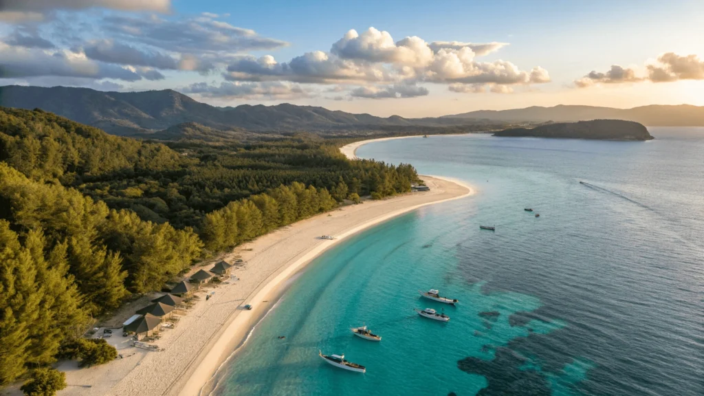 Aerial view of a crescent-shaped Japanese beach with turquoise waters, white sand, traditional fishing boats, and pine trees against a mountain backdrop. beaches in japan
