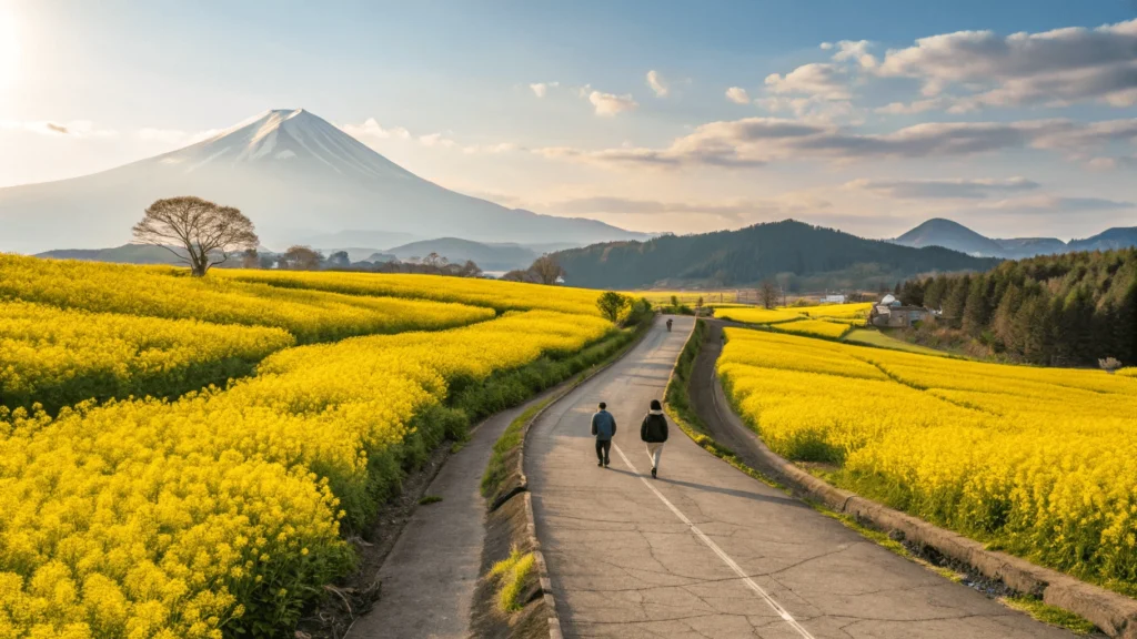 Scenic country road winding through vibrant yellow spring road japanrapeseed fields in rural Japan with Mount Fuji visible in the distance under clear blue spring skies.