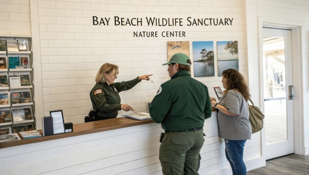 Sanctuary staff member at information desk helping visitors with brochures and answering questions
