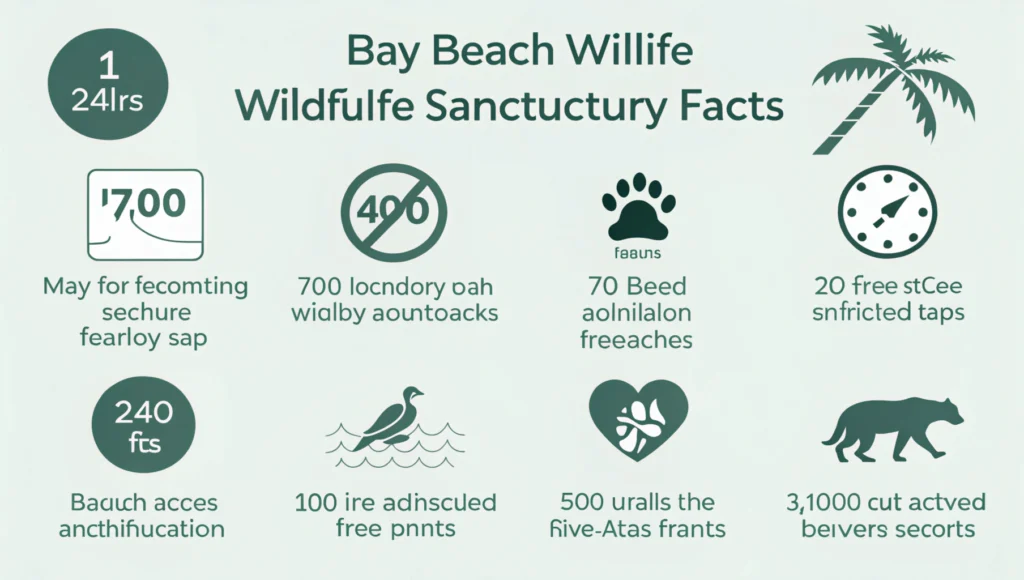 Infographic displaying key facts about Bay Beach Wildlife Sanctuary including location, hours, size, and features