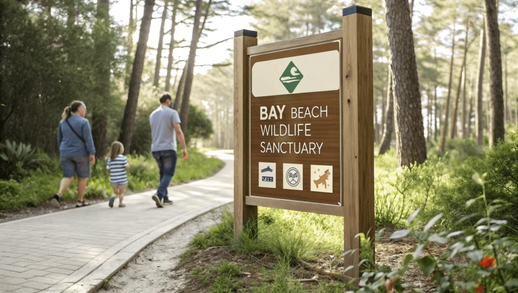 Family reading wooden information sign displaying sanctuary rules and wildlife protection guidelines