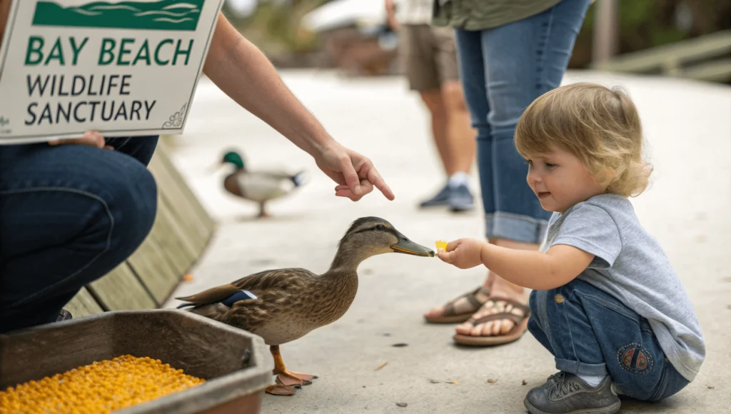 Child offering sanctuary-approved corn to ducks at designated feeding area with parent supervision