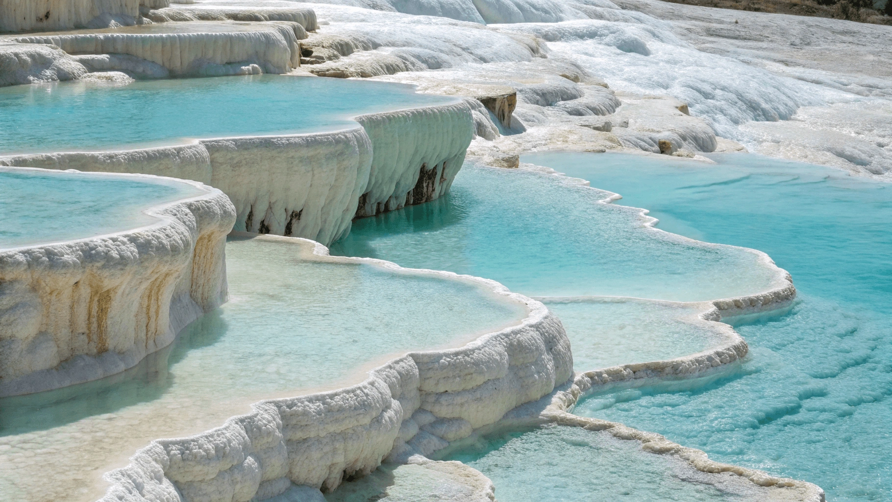 Aerial view of cascading turquoise pools at the Baths of Millpu in Peru's Andean highlands with white mineral borders between pools.