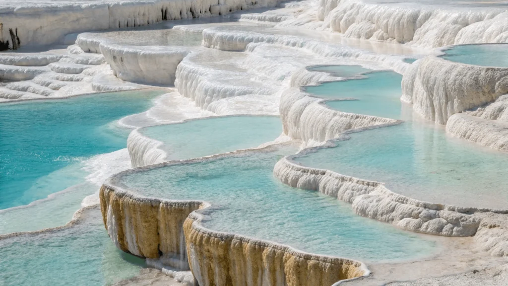 Close-up of white travertine mineral formations creating the edge of a turquoise pool at Millpu.