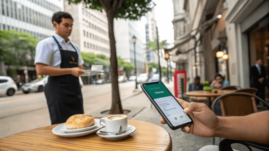 Tourist using Portuguese-English translation app on smartphone at São Paulo café with Brazilian waiter waiting patiently, coffee and pão de queijo on table.