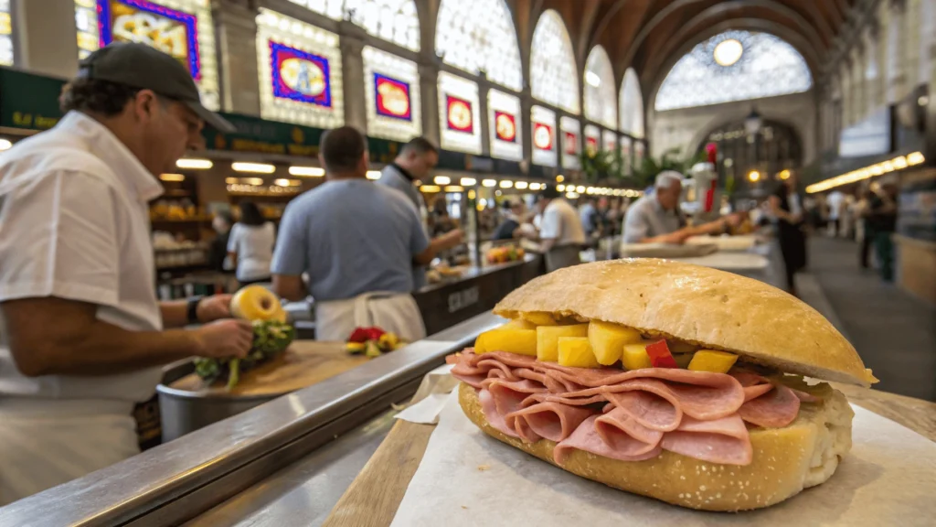 Close-up of a traditional mortadella sandwich being prepared at a food stand in São Paulo's Mercado Municipal with stained glass windows visible in background.