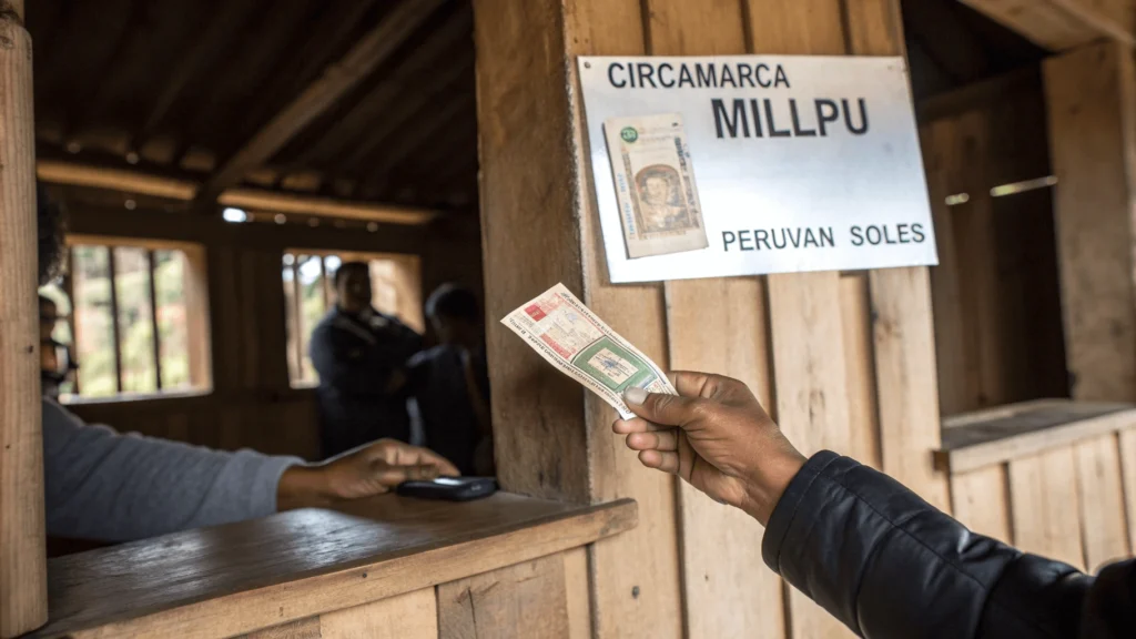 Close-up of Peruvian Soles and entrance ticket being exchanged at wooden registration booth in Circamarca.