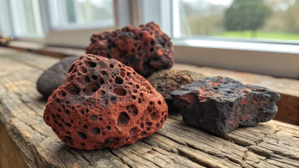 Close-up of reddish-brown and black scoria showing irregular vesicles and rough texture on weathered wood surface.